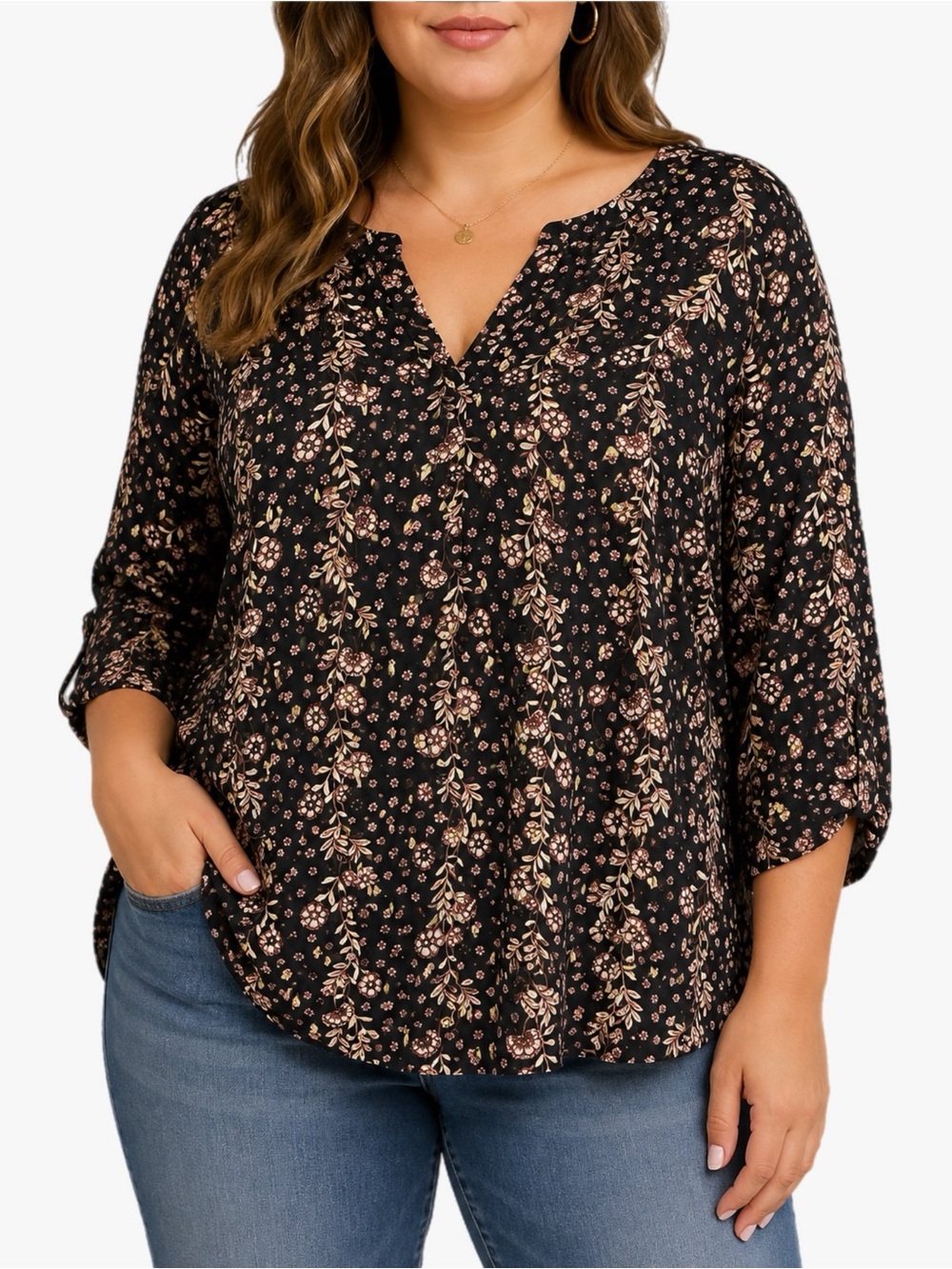 Maurices Plus Size 3X Black Floral Boho Split Neck 3/4 Sleeve Tunic Blouse